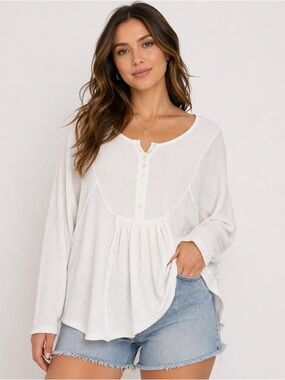 Free People Top L Oversized Thermal Henley Cream Ivory Boho
